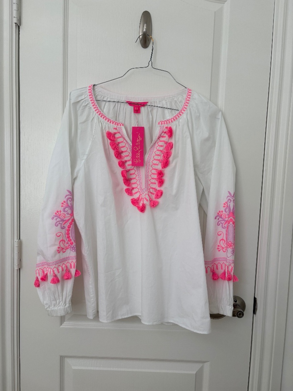 Lilly Pulitzer Kaydence Embroidered Blouse White Pink Tassel Cotton XL NWT